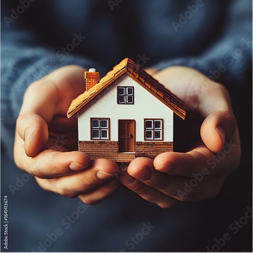 Holding a small house in hands real estate concept