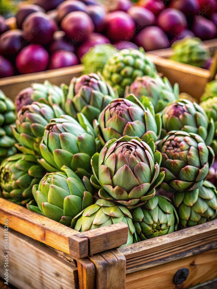 Fototapeta premium Fresh Artichokes in Wooden Crate at Farmers Market