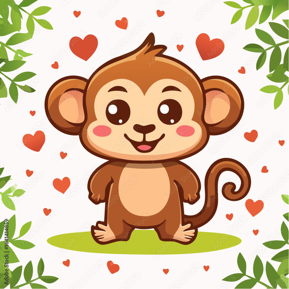 Fototapeta premium Cute monkey surrounded by hearts amidst a playful foliage frame illustration