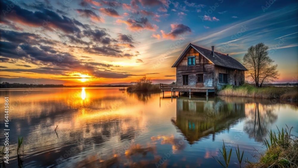 Obraz premium abandoned lake house at dusk