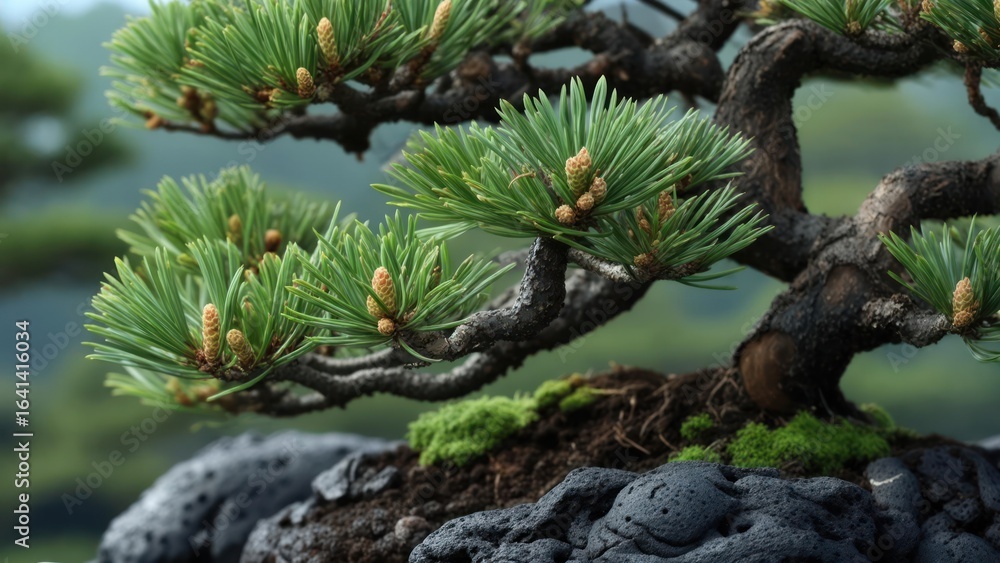 Fototapeta premium Exquisite Bonsai Pine Tree Close-up: Vibrant Green Needles, Small Cones, and Textured Trunk on Dark Rocky Base