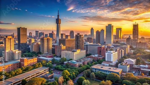 Panoramic view of Johannesburg skyline during early morning sunrise