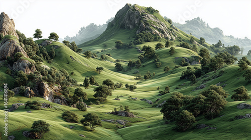 landscape with green grass hills and trees with sky isolated on white or transparent png --