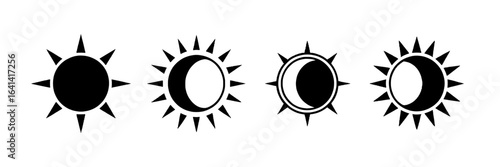 Four Monochrome Sun and Moon Phase Icons:  Vector Graphics of Celestial Bodies in Black Silhouette Style, Perfect for Website Design, App UI, Branding, and Astrology Applications.  Clean,