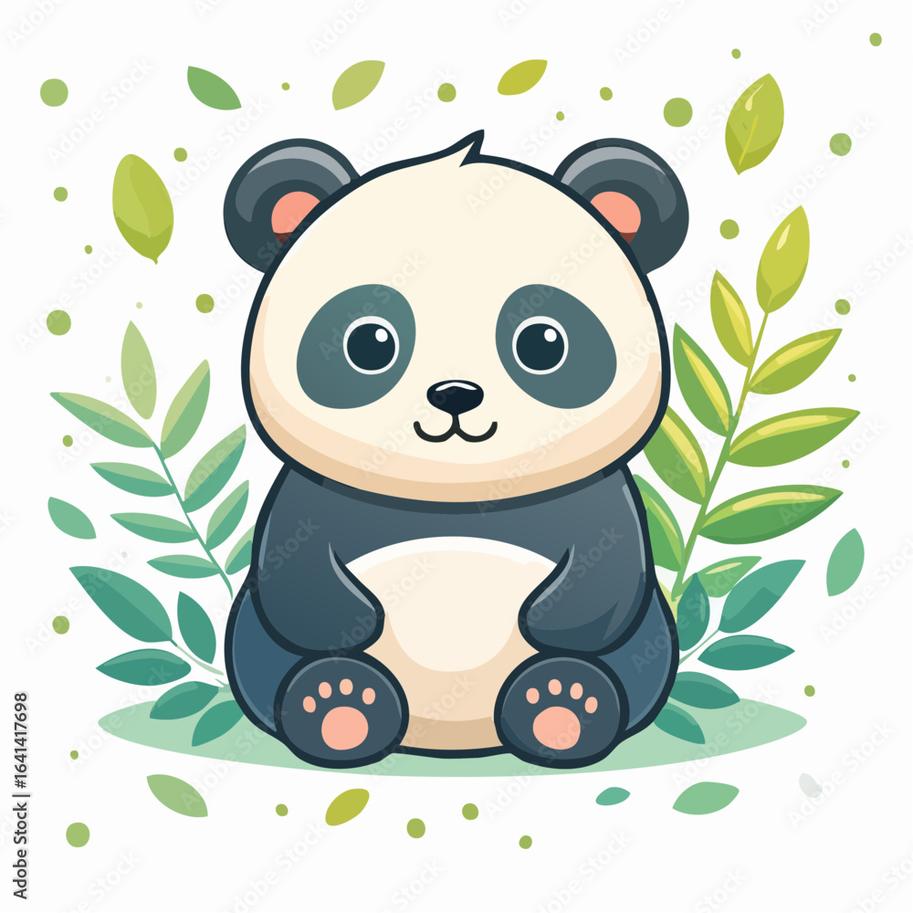 Naklejka premium Charming Cartoon Panda Surrounded by Lush Greenery: A Delightful and Heartwarming Scene