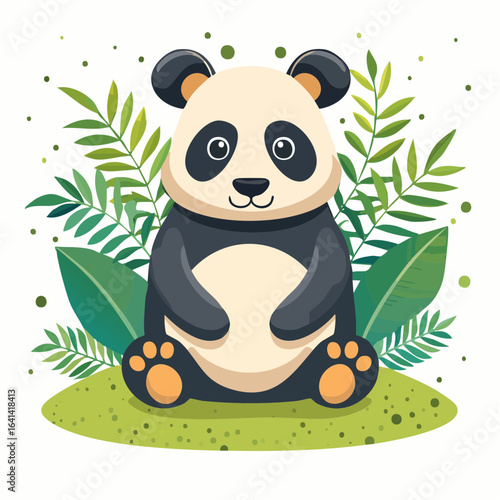 Charming panda illustration with tropical foliage evoking nature and whimsy