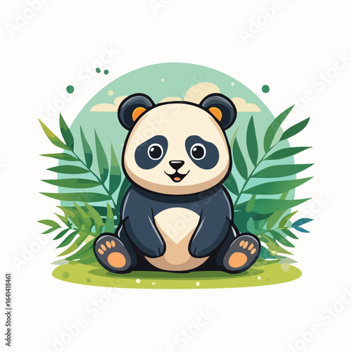Cute panda bear sitting in the jungle, a delightful cartoon illustration conveying peacefulness and joy