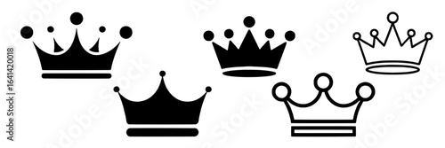 Five Modern Crown Icons: Vector Graphics Set for Branding, Royalty, and Luxury Applications.  Solid Black and Outlined Styles with Varying Detail Levels.  Perfect for Websites, Apps, and Print
