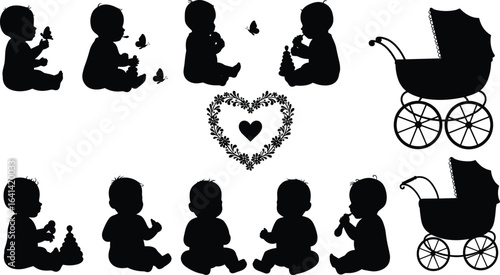baby silhouette clipart, cute infant vector, stroller illustration, floral heart design, newborn playing toy, child with butterfly, nursery decoration, parenting concept art