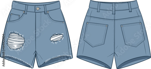 Denim shorts CAD drawing, front and back flat vector illustration, ripped distressed jeans template, fashion design technical sketch, apparel mockup
