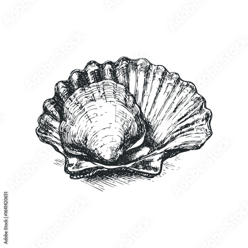 Detailed Ink Sketch of a Scallop Shell and Interior Pearl