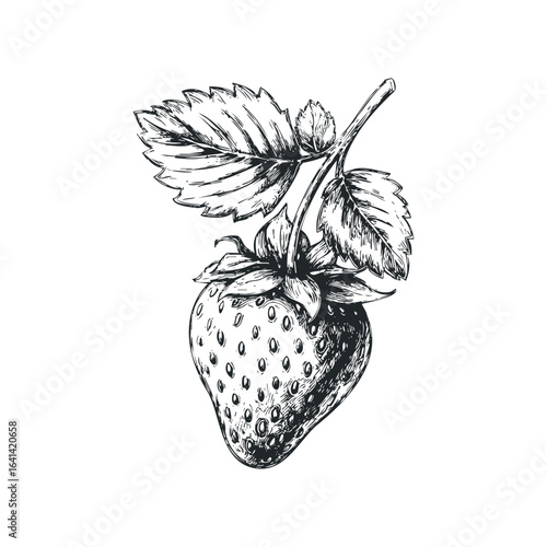 Sketch of a ripe strawberry with leaves and stem