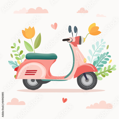 Cute pink scooter adorned with vibrant flowers, a charming springtime scene portrayed