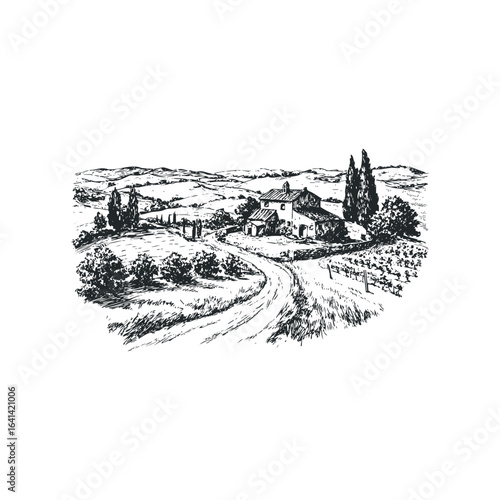 Sketch of a villa with cypress trees and vineyards on rolling hills