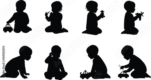 baby silhouette playing toys, toddler sitting pose vector, kids activity illustration, infant black graphic design, children toy icon, childhood silhouette collection, nursery art, vector set
