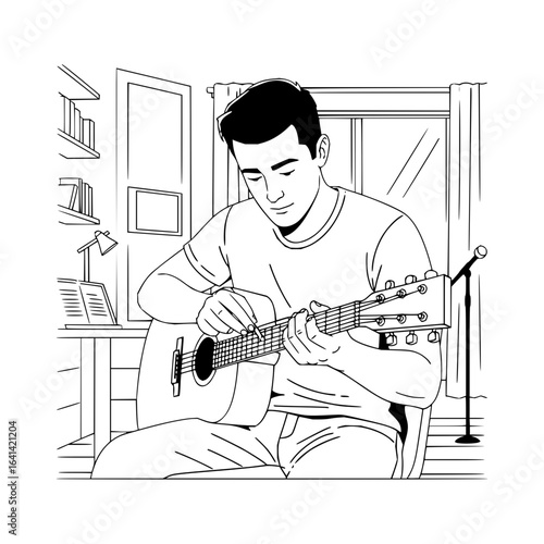 Man playing acoustic guitar in a room with a window, desk, lamp, and microphone stand in black and white