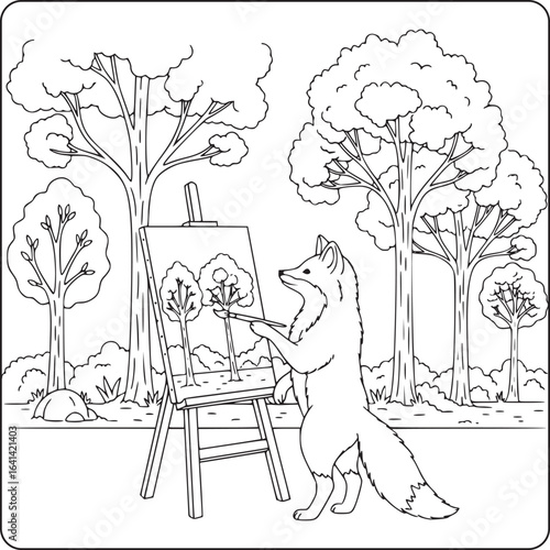 Cute fox painting in the forest – creative animal coloring page for kids