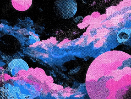 Pink and blue celestial cloudscapes with large, vibrant orbs