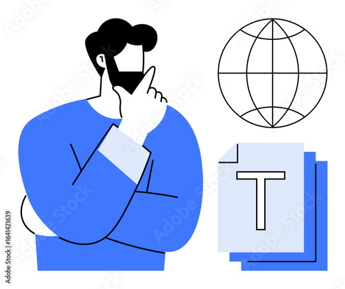 Pondering man in blue holds thoughtful pose near globe and documents. Ideal for creativity, global connection, digital solutions, brainstorming, decision-making, strategy planning, simple landing