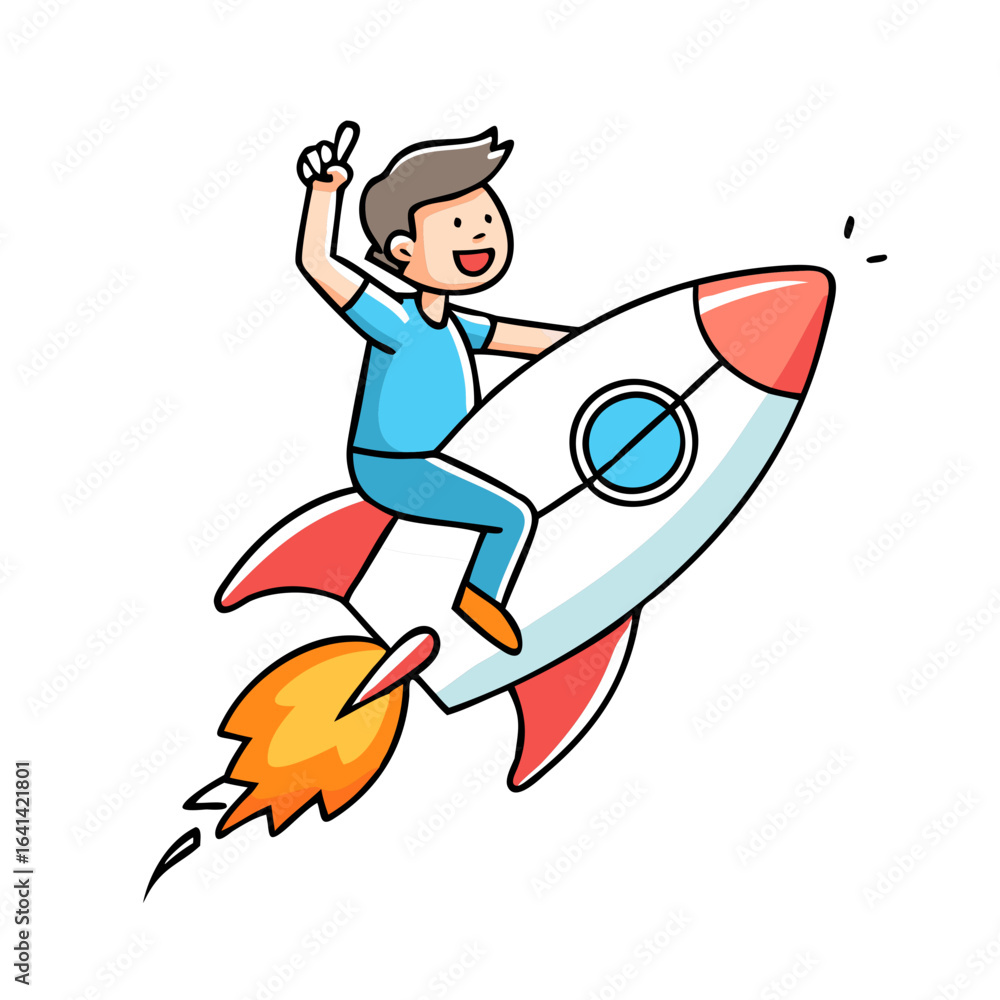 Fototapeta premium A Boy Is Riding On A Rocket