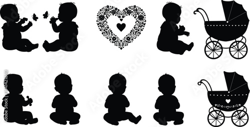 baby silhouette, baby stroller, floral heart design, cute baby clipart, infant silhouette, butterfly art, nursery vector, decorative design, baby sitting, newborn clipart