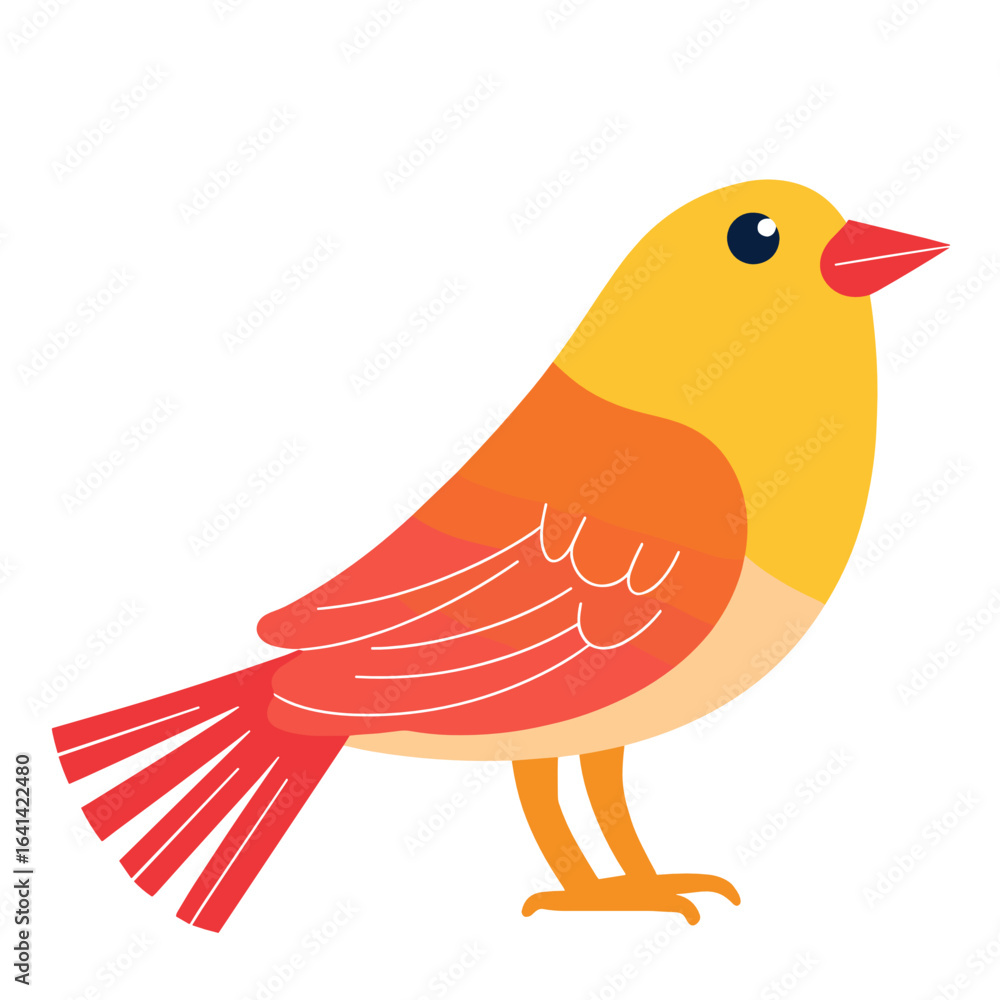 Fototapeta premium Cartoon bird with yellow and orange feathers standing on a white background 