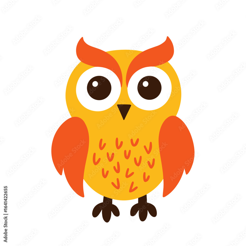 Fototapeta premium Cute cartoon owl character with orange and yellow feathers 