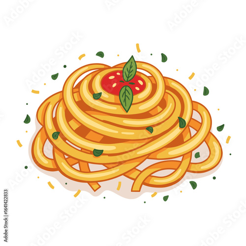 Pasta dish with tomato and basil leaves on white background  