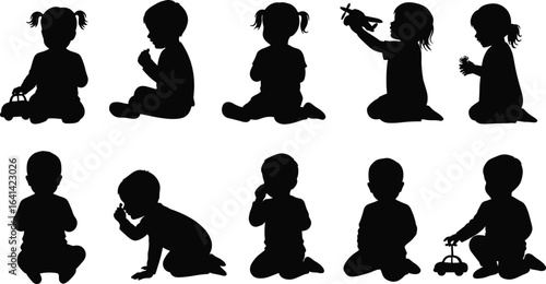 baby silhouettes playing toys, toddler sitting poses, children black vector, kids activity illustration, infant graphic design, nursery art, childhood silhouette collection, vector icons