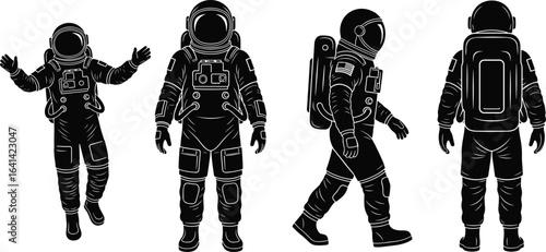 Astronaut Spaceman Vector Set: A Diverse Collection of Poses for Space Exploration, Science Fiction, and Futuristic Themes, Black and White
