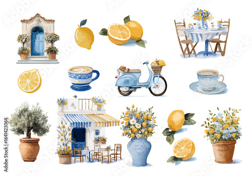 Italian Summer Lifestyle — Coffee, Lemons, Flowers and Vespa in Mediterranean Style. Watercolor. Collection of Vector  illustrations. Perfect for invitation, card, poster, banner, decoration