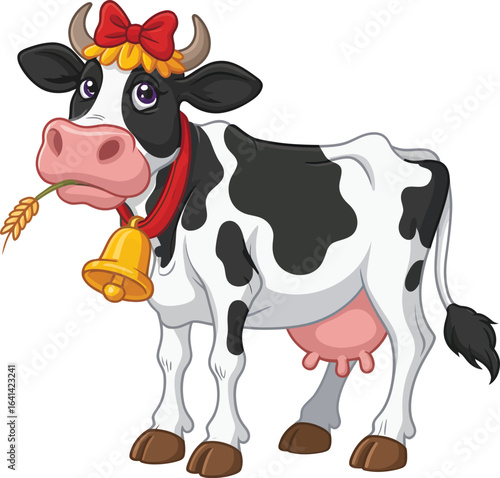 A cute cartoon dairy cow with a red bow and bell chewing on wheat. Farm animal vector illustration.