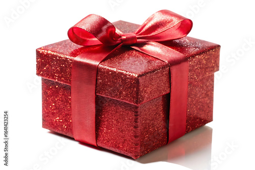 sparkly red gift box with ribbon on isolated on white background PNG , AI GENERATED