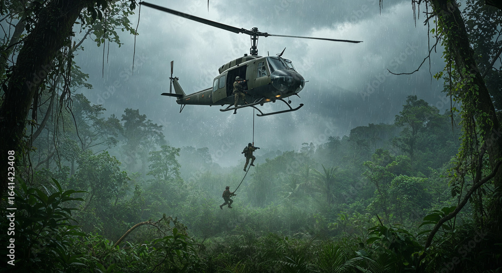Fototapeta premium Military helicopter hovering over a rainy Vietnamese jungle with soldiers rappelling. 