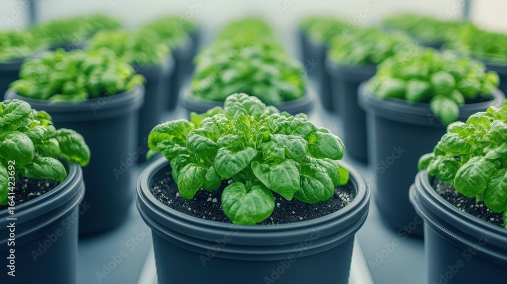 Rows of healthy green basil plants grow in black pots indoors under controlled lighting. Rows of healthy green basil plants grow in black pots indoors under controlled lighting.