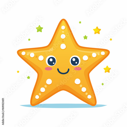 Adorable smiling starfish cartoon character with cute eyes and small stars around