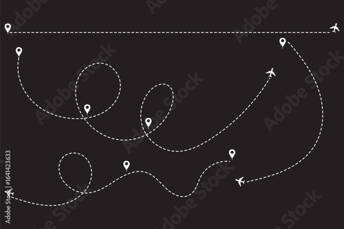Travel concept Dotted path airplane Aircraft tracking. Line path vector icons of air plane flight routes with start point and dash line trace.