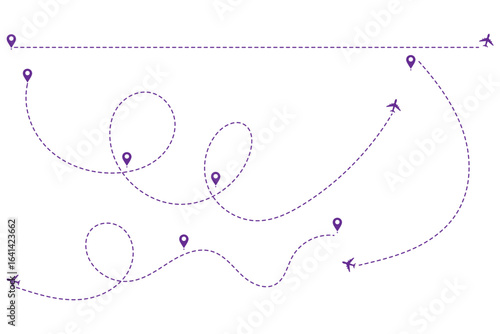 Travel concept Dotted path airplane Aircraft tracking. Line path vector icons of air plane flight routes with start point and dash line trace.