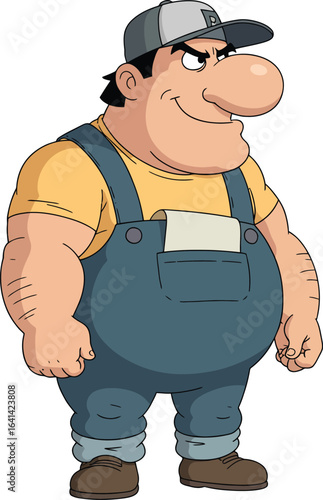 A strong cartoon character of a worker or handyman in overalls and a baseball cap.