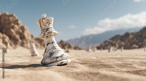 A marble king chess piece stands prominently in a desert landscape with distant mountains.