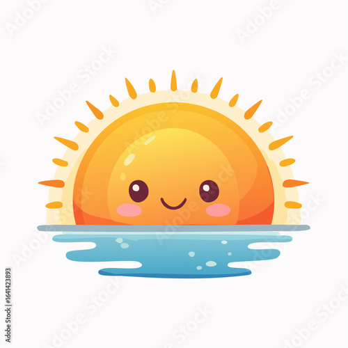 Cute sun cartoon character rising from the ocean with cheerful expression