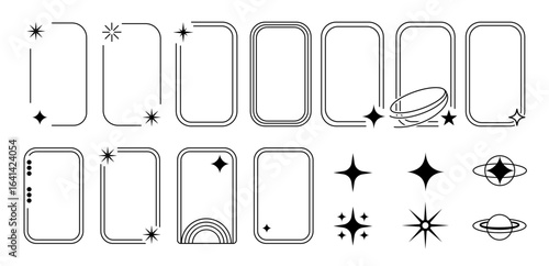 Minimalist Cosmic Frame Set with Stars, Planets, and Geometric Borders in Modern Line Art Style