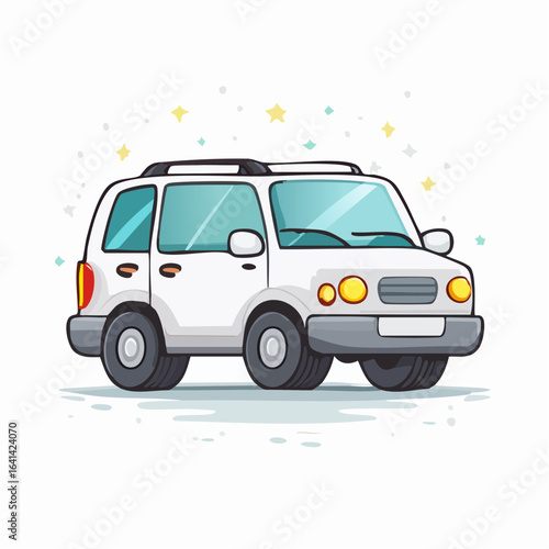 Cartoon Car Illustration: A Charming Depiction of a White SUV with Stars Background