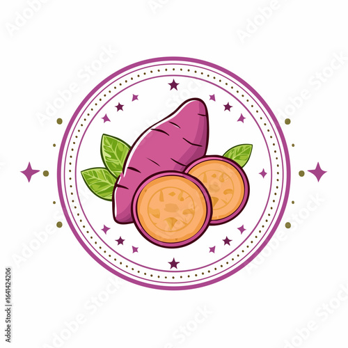 Vibrant sweet potato illustration in a circular frame with decorative elements