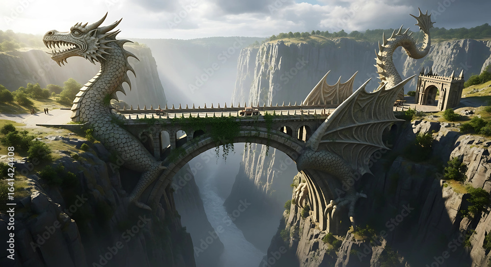 Fototapeta premium A majestic dragon bridge spanning a deep canyon, blending fantasy architecture with breathtaking natural landscape and historical monument