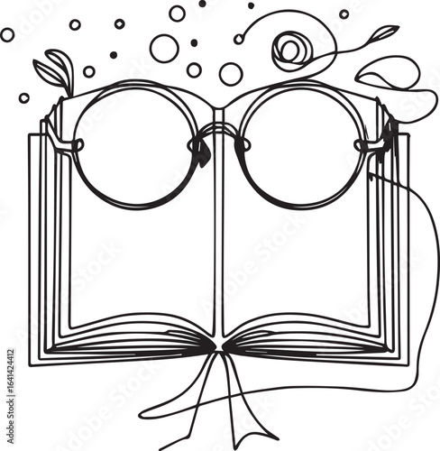 Line Art Illustration of Open Book in Minimalistic Style, Black and White, Decorative Outline Drawing for Education and Literature Concepts