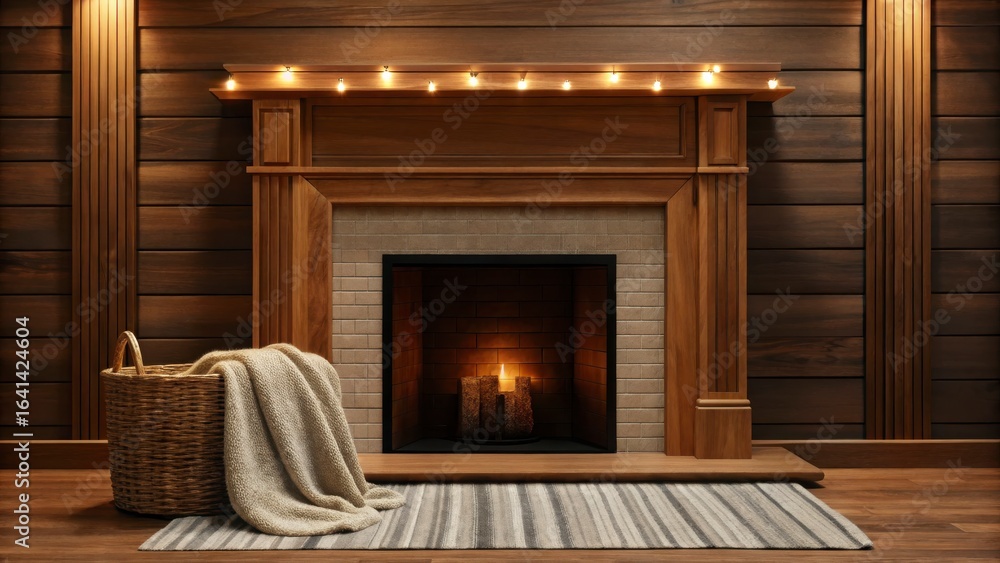 Fototapeta premium Cozy Wooden Fireplace with Candles and Rug in a Warm Interior Decor Setting