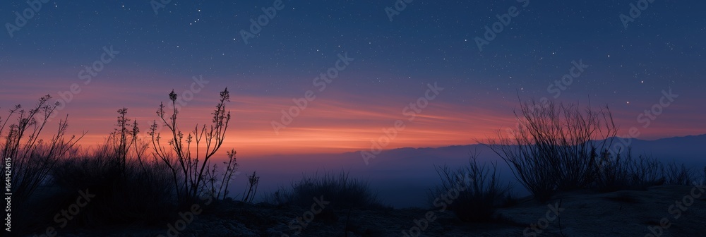 Naklejka premium Tranquil desert sunset with silhouetted bushes and starlit evening sky