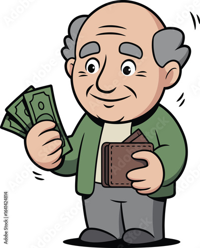 Cartoon illustration of a smiling senior man holding cash and a wallet