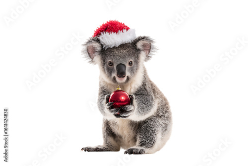 Cute koala in Santa hat holding Christmas ornament